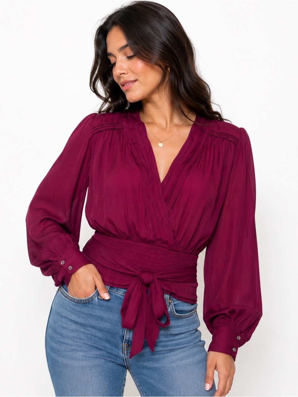 Anthropologie Deep Berry Wrap Blouse with Tie Waist